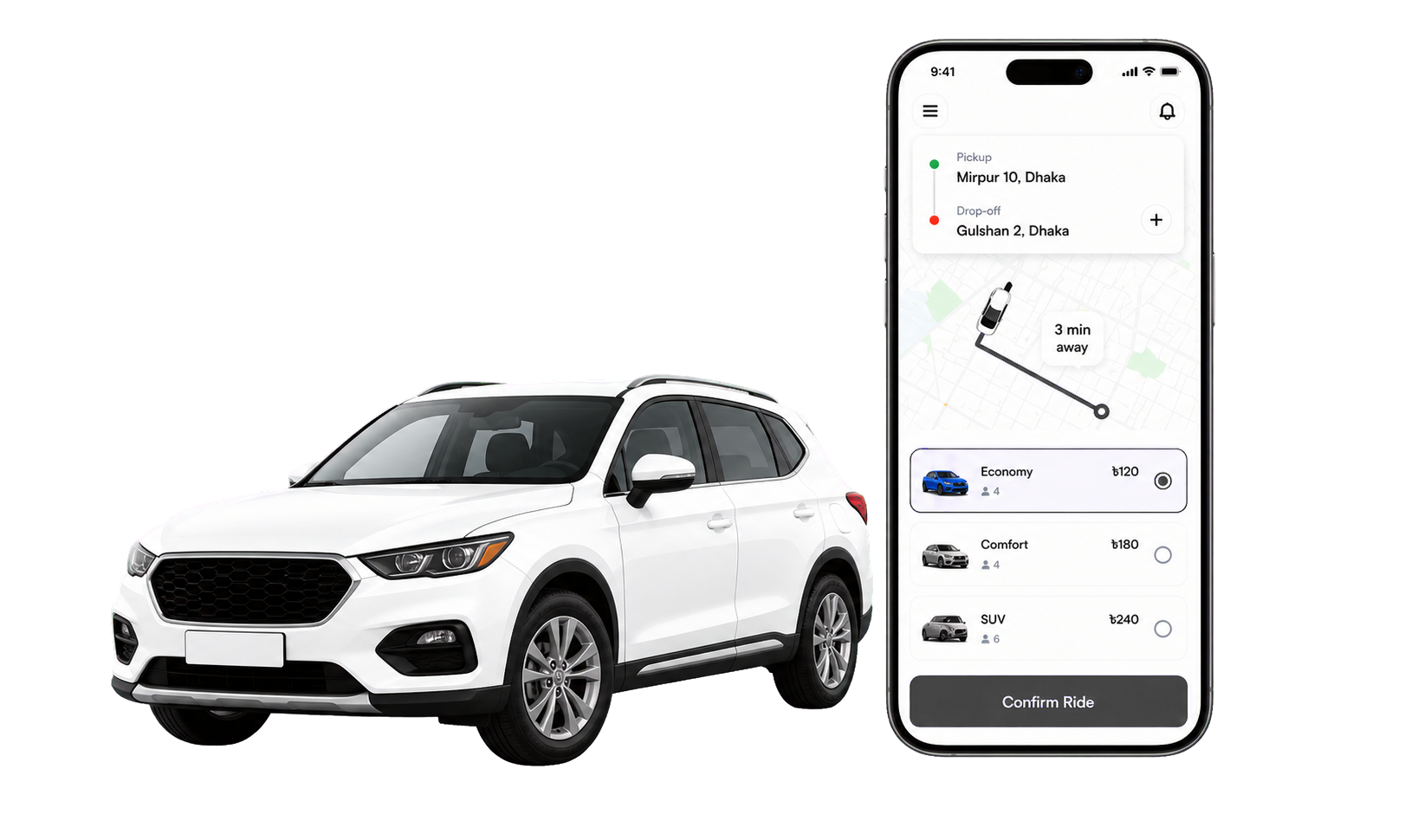 Gofast app preview with route map and white SUV